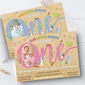 Personalised Peter Rabbit Invitations 1st Birthday Invite Kraft Pack x10 - Picture 1 of 4