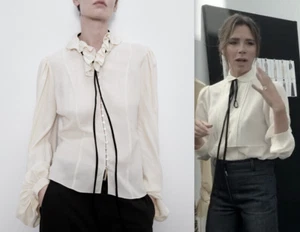 ZARA BLOUSE FRILL COLLAR BLACK BOW TIE BUTTON LONG SLEEVE SIZE M  NEW - Picture 1 of 12