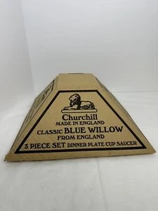 Vintage Blue Willow 3 Piece Dinner Plate Set Tea Cup Saucer Churchill New In Box - Picture 1 of 13