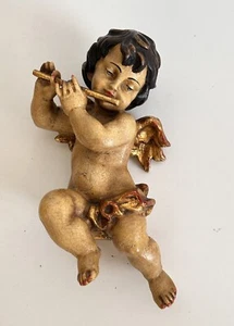 1973/24 Wunderschöner farbiger Engel Holz Putte Holzengel Wandengel Querflöte - Picture 1 of 5