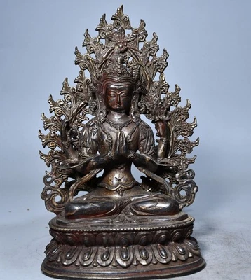 Estatua de Buda Tara de cuatro brazos de latón dorado budismo tibetano herencia antigua de China de 10" Foto 1 de 4