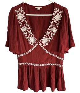 Knox Rose Large Embroidered Women's Red Short Sleeve Peasant Boho Tunic Top - Picture 1 of 4