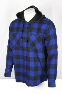 Hurley Men's Long Sleeve Hooded Flannel Button Up Shirt Blue Black - Picture 1 of 4