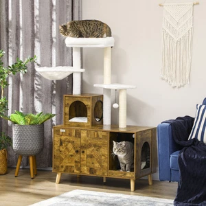 PawHut Litter Box Enclosure with Cat Tree Tower, Condo, Scratching Posts - Picture 1 of 11