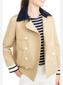 J Crew Cropped Trench Coat Detachable Stripe Cuffs Khaki Size 2 - Picture 1 of 13