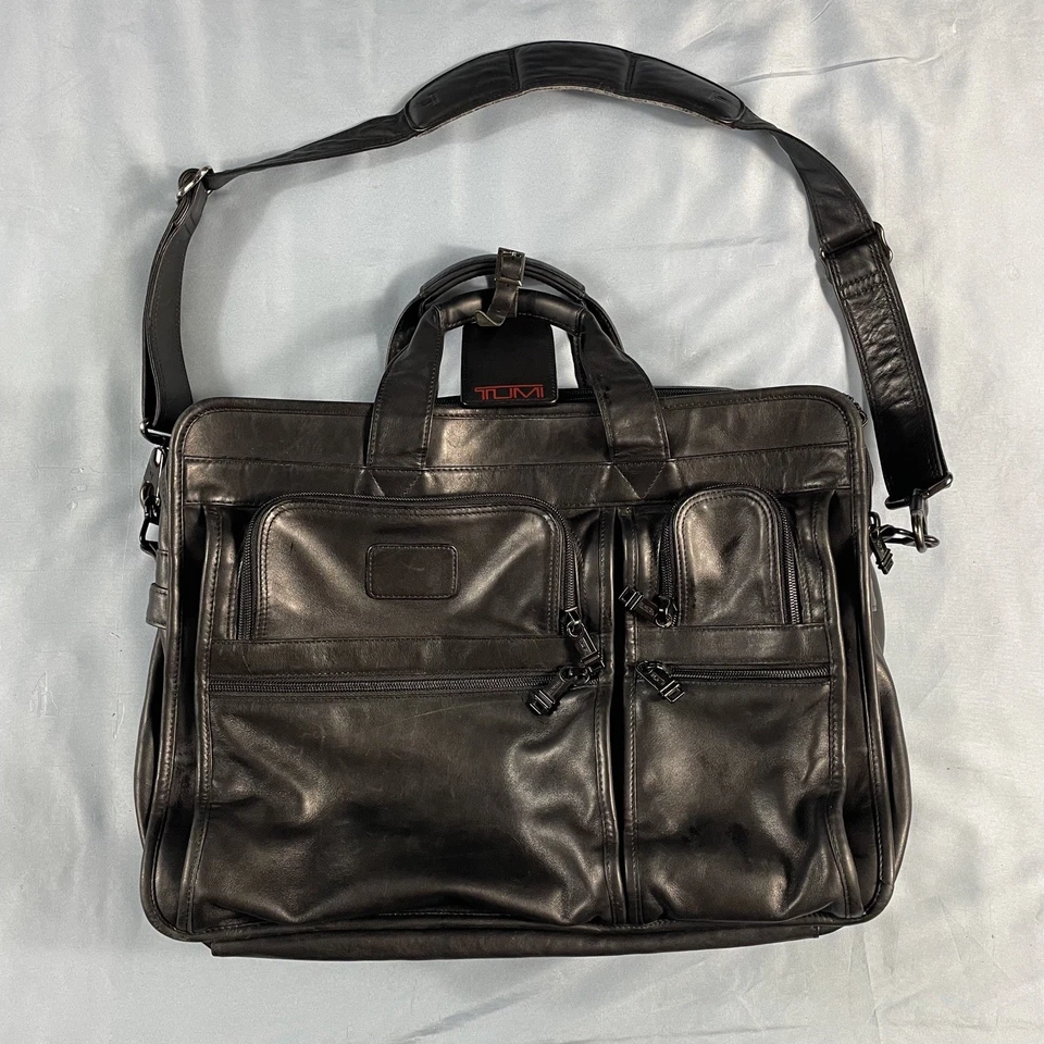 TUMI Alpha Deluxe Laptop Bag Black Nappa Leather Briefcase Shoulder Organizer - Image 1 of 4