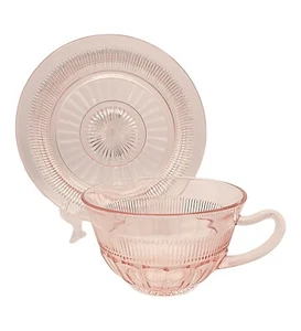 Vintage Anchor Hocking Depression Glass Pink Coronation Teacup & Saucer - Picture 1 of 10