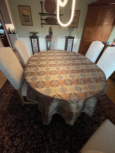 Brocade Satin Fabric Brown, Black, Pale Blue, Gold - Medallion Tablecloth - Picture 1 of 5