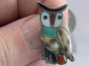 Bird Owl Zuni Indian MOP Turquoise Coral Vintage STERLING Silver Brooch M-2390* - Picture 1 of 3