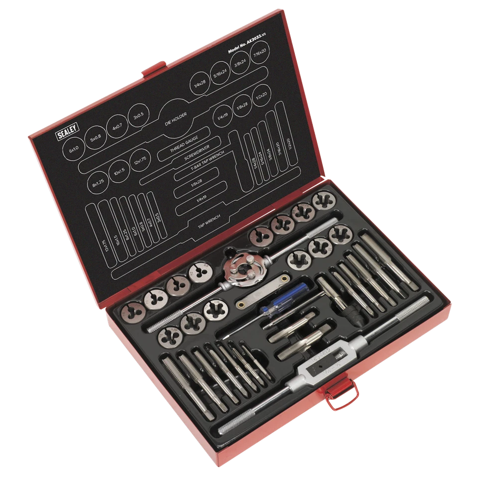 Conjunto de torneiras e matrizes 33 peças moldes divididos métricos/UNF/BSP - Sealey AK3033 novo - Imagem 1 de 1