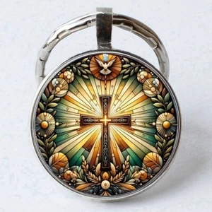 THE CROSS - JESUS CHRIST CRUCIFIED - CHRISTIAN RELIGIOUS GLASS METAL KEYRING T71 - Picture 1 of 1