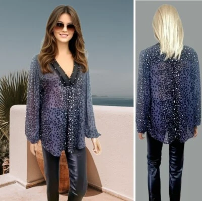 💥SALE💥MONSOON TOP SIZE M GREY ANIMAL PRINT CHIFFON SHEER V-NECK SEQUINED #12 - Image 1 of 4