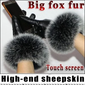 Fox Fur Fur Gloves -Winter Warm Plus Velvet Thick Cuff Glove Women Leather Glove - Picture 1 of 19