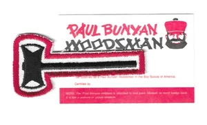 BSA SCOUTS PAUL BUNYAN WOODSMAN AX AWARD PATCH & CARD PANNO-GARZA POSTERIORE COME NUOVO - Foto 1 di 5