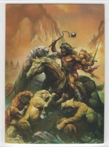 Tarjeta coleccionable Ken Kelly Barbarian Warrior on Horse Fights Lions 1992 arte de fantasía - Imagen 1 de 2