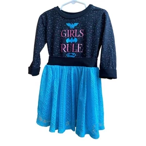 DC Girls Dress Superhero Girls 4/5 Black Blue Long Sleeve Wonder Woman Batman - Picture 1 of 5