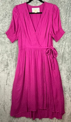 Anthropologie Maeve Breanna Faux Wrap Midi Dress Size 14 Fuschia Pink Wedding - Image 1 of 4