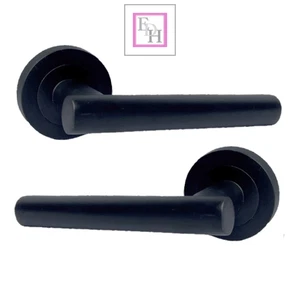 Door Handles Matt Black T Bar Lever On Round Rose, Door Handle and Latch Packs - Picture 1 of 27