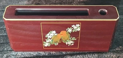 Beautiful Vintage Lovebirds Otagiri Maroon Lacquerware Pen Memo Pad Holder ~READ - Image 1 of 4