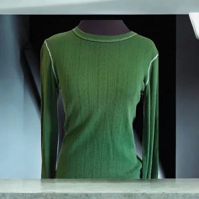 Shameless Green Knit Top Long Sleeves Round Neckline White Trim Lightweight  L - Image 1 of 4