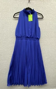 Vestido Sam Edelman Para Mujer 6 Azul Cobalto Calado Plisado Midi Halter Plisado Fiesta - Imagen 1 de 10