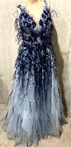 Pamella Roland Runway Couture Feather Embroidered Tulle Blue Long Gown Dress 6 - Picture 1 of 7