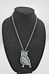 Vintage Pewter Owl Necklace with Enamel Painting - Picture 1 of 6