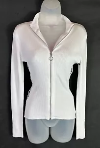 Guess Christien Logo Sweatshirt Jacket Ribbed Stretch White Women’s Sz Small NEW - Picture 1 of 12