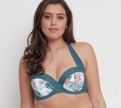 Joe Browns Bikini Top Padded Bandeau Halter Neck Green Tropical 34D 34DD BNWT - Image 1 of 4