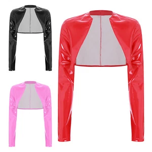 Womens Glossy PU Cardigan Long Sleeve Motor Biker Cropped Jackets Clubwear - Picture 1 of 34