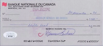 Maurice Richard Signed Maurice Richard Inc. Check JSA AT17125 - Image 1 of 3