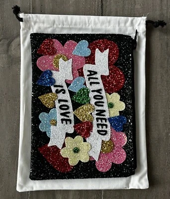 I Know The Queen - All You Need Is Love Glitter Clutch Bag Black - Brand New - Image 1 of 4