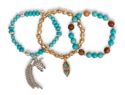 Nuevas pulseras elásticas con cuentas turquesa borla dije tortuga marca Lucky, 3 piezas Foto 1 de 4