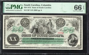 ⭐⭐ 1872 $20 STATE OF SOUTH CAROLINA SC OBSOLETE BANK NOTE PMG 66 EPQ 2092 - Picture 1 of 2