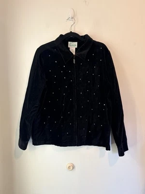 Vintage Quacker Factory Velour Velvet Jacket Black With Rhinestones Size Large - Image 1 of 4