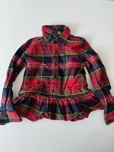 RALPH LAUREN Girls Red Plaid Button Down L/S Peplum Shirt BLOUSE 4 TODDLER - Picture 1 of 4