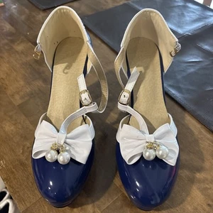 Women's Mary Jane Shoes High Heels Shiny Leather Bowknot Wedding Party Oversized - Picture 1 of 7