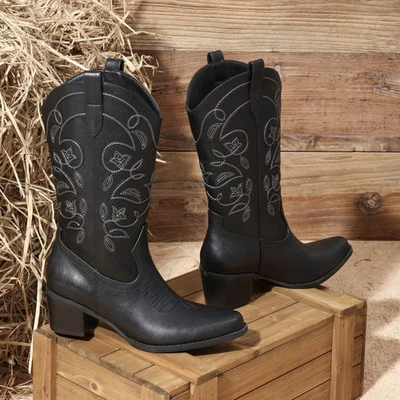 Women Retro Western Boots Cowgirl Boots Chunky Block Heels Mid Calf Ridding Boot - Image 1 of 4