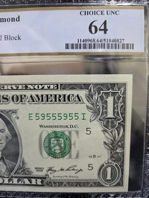 Fr1933-E 2006 $1 Bill *REPEATER* SERIAL NUMBER PCGS CHOICE UNC 64 59555955  - Image 1 of 4