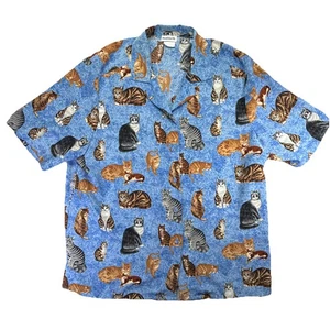 Vintage Cat Lovers Shirt Womens L Blue All Over Print Button-Up Art Blouse AOP - Picture 1 of 5