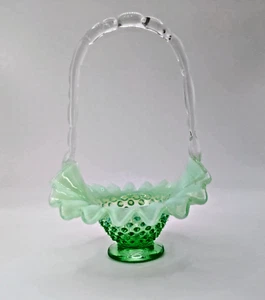 Fenton Art Glas Vintage grün gekräuselt Korb opalisierend Hobnail 1940er (repariert - Bild 1 von 8