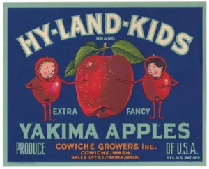 Original 20er Hy-Land Kids Apfelkiste Label Cowiche Growers Yakima WA Cartoon - Bild 1 von 2
