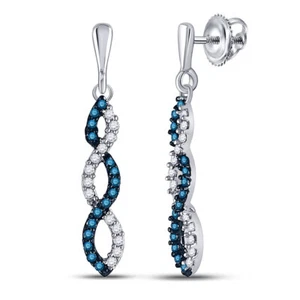 10k White Gold Womens Round Blue Color Enhanced Diamond Dangle Earrings 1/5 Cttw - Picture 1 of 1