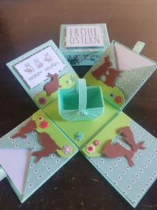 Geschenkbox,Explosionsbox,Ostern,Gutschein,Handarbeit,türkis,Körbchen,5x5cm - Bild 1 von 1