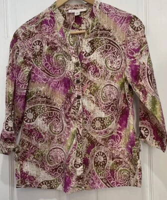 JM Collection Petite Paisley 3/4 Sleeve Cotton Button Down Blouse Size 4P - Image 1 of 4