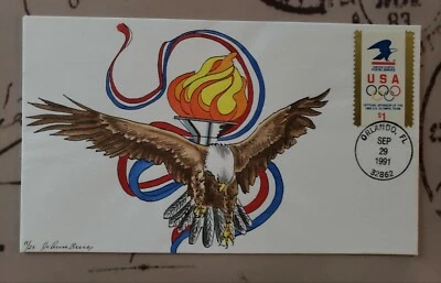 SCOTT # 2539, $1.00 Olympics, FIRST DAY OF Issue Hand-Painted by Jo Ann Bruce... - Image 1 of 2