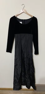 Vintage Mod Empire Waist Formal/ Prom Maxi Dress Black Velvet Taffeta Goth - Picture 1 of 8