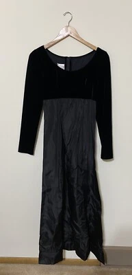 Vintage Mod Empire Waist Formal/ Prom Maxi Dress Black Velvet Taffeta Goth - Image 1 of 4
