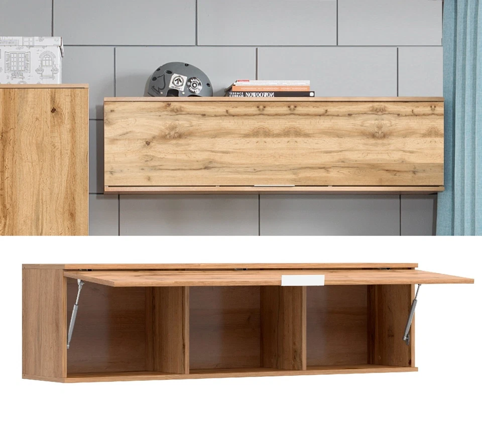 Wall Cabinet Storage Unit Lift Up Door 135cm Bedroom Living Room Oak Effect Zele