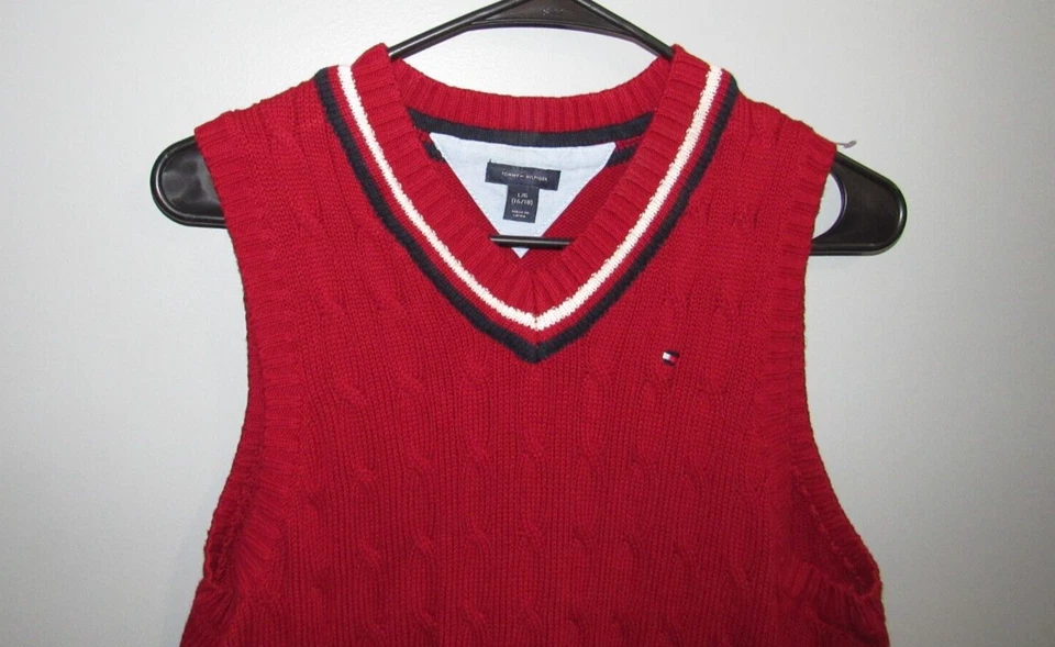 NWOT New TOMMY HILFIGER Boys Sweater Vest Large 16 18 Red Blue White V Neck - Image 1 of 3